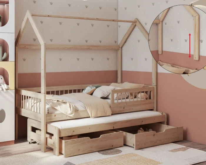 Kinderbett in Hausform aus Kiefernholz mit Gästebett, Stauraum-Schubladen und abnehmbarem Dachaufsatz.