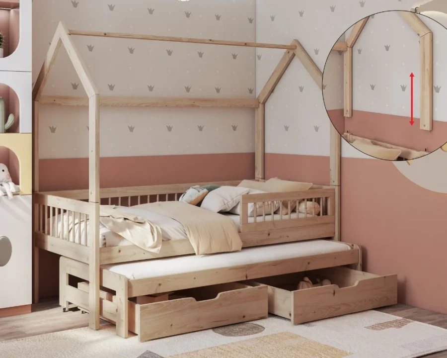Kinderbett in Hausform aus Kiefernholz mit Gästebett, Stauraum-Schubladen und abnehmbarem Dachaufsatz.