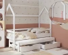 Weißes Kinderhausbett mit ausziehbarem Zweitbett, zwei Schubkästen und funktionalem, abnehmbarem Dach.