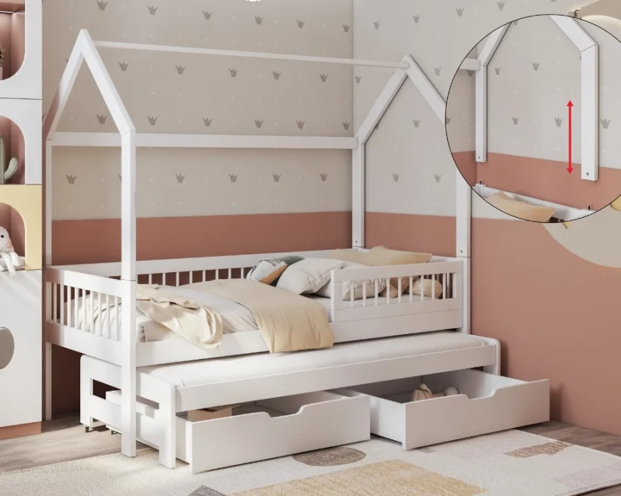 Weißes Kinderhausbett mit ausziehbarem Zweitbett, zwei Schubkästen und funktionalem, abnehmbarem Dach.