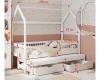 Weißes Kinderhausbett mit Maßen, Ausziehbett und zwei Schubladen für Stauraum.