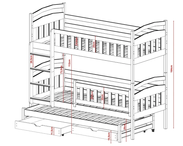 Technical drawing with dimensions for a three-tier children's bunk bed.