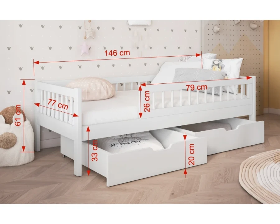 Technische tekening met afmetingen (146x77 cm) voor een wit kinderbed met twee laden onder het bed.