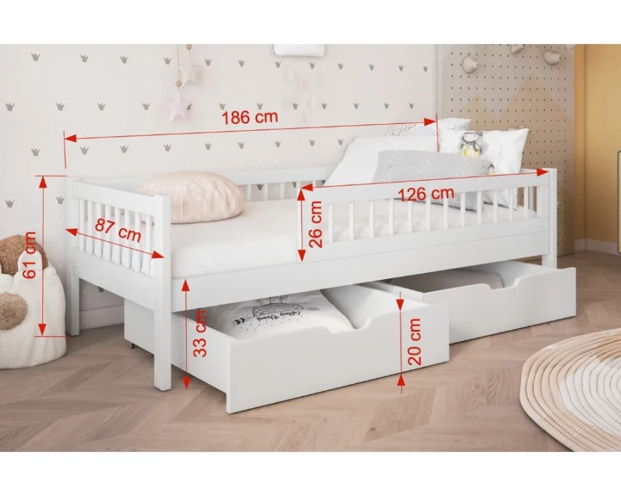 Detaillierte Maße (186x87 cm) für das große weiße Holzkinderbett mit Schutzgitter und Stauraum.