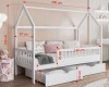 Weißes Hausbett für Kinder mit Maßen 206x97x155 cm und zwei Schubladen.
