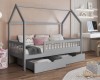 Graues Kinderhausbett aus Holz mit Rausfallschutz und praktischen Schubladen.