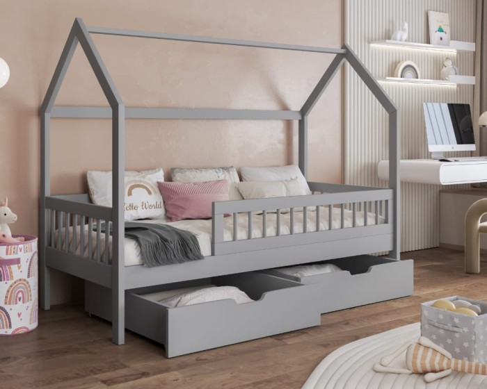 Graues Kinderhausbett aus Holz mit Rausfallschutz und praktischen Schubladen.