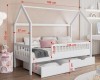 Weißes Kinderbett in Hausform mit Maßen 186x87x150 cm und Stauraumschubladen.
