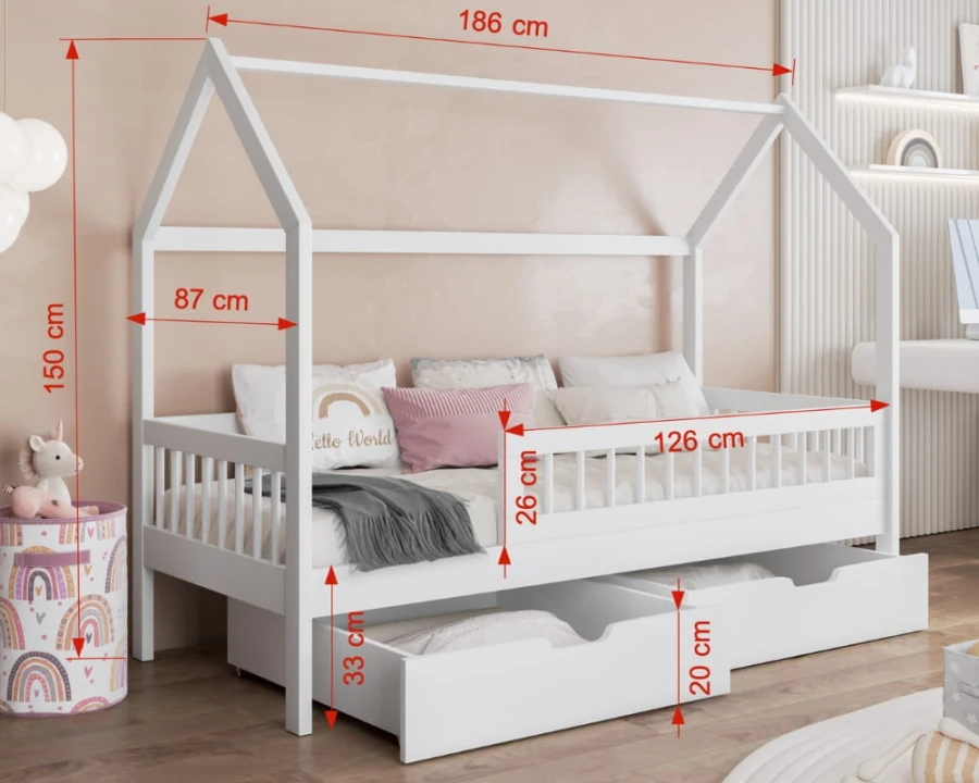 Wit kinderbed in de vorm van een huis met afmetingen 186x87x150 cm en opbergladen.