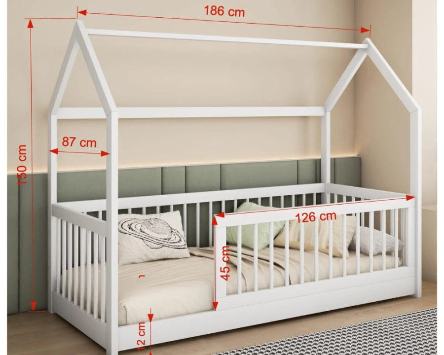 Abmessungen für Hausbett weiß: 186 cm Länge, 150 cm Höhe und 87 cm Breite.