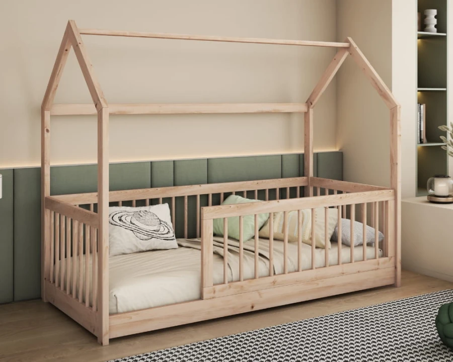House bed for children made of natural wood with fall protection for safe sleep.