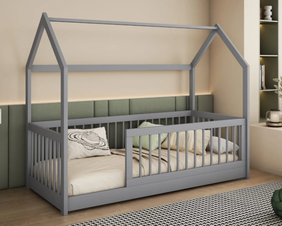 Graues Kinderhausbett mit Sicherheitsgeländer und Lattenrost in modernem Design.