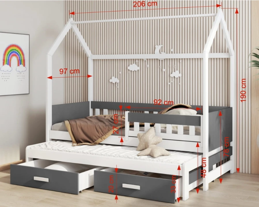 Weißes Hausbett mit grauen Akzenten, Ausziehbett und Schubladen, Maße 206x190x97 cm.