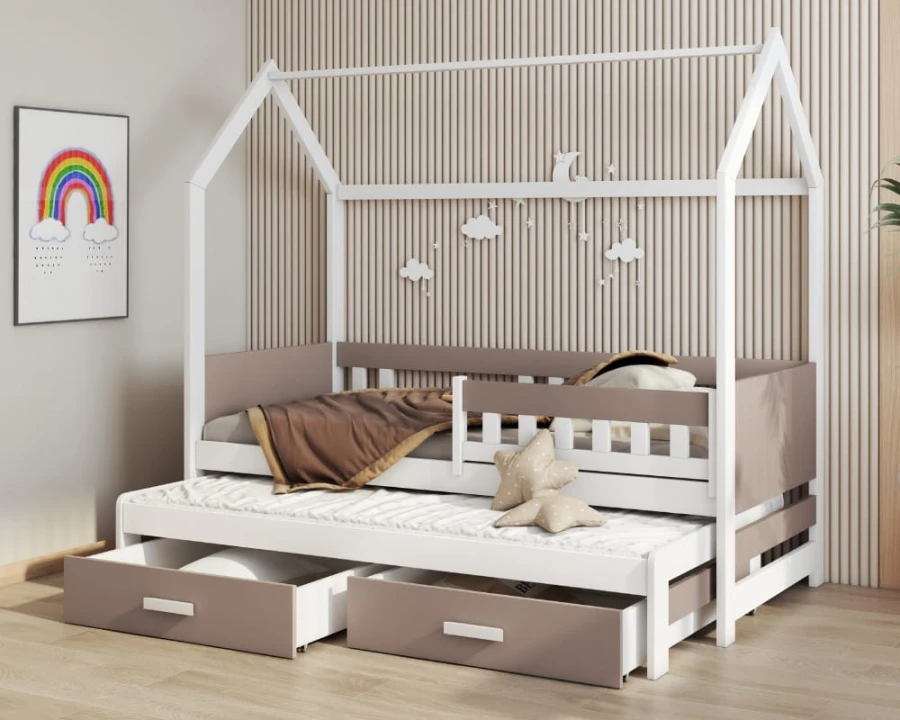 Hausbett für Kinder in Weiß-Trüffel mit Ausziehbett und zwei Schubladen