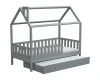 Graues Kinderhausbett mit Rausfallschutz und ausziehbarer Schublade für Gäste.