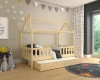 Modernes Hausbett im Kinderzimmer mit Sternenwand und Weltraum-Spieleteppich.