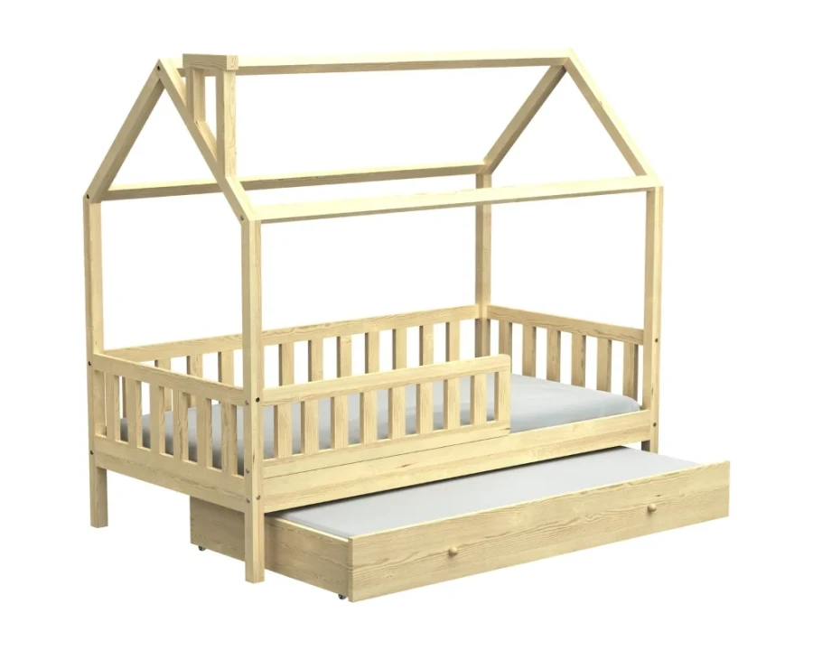 Hausbett aus Kiefernholz mit Rausfallschutz und zweiter Liegefläche zum Ausziehen.