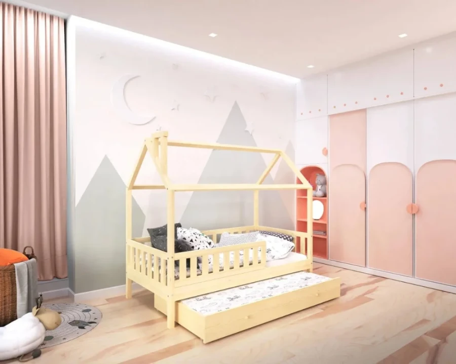 Modernes Hausbett aus Holz für Kinder mit zweitem Ausziehbett in einem hell gestalteten Kinderzimmer.