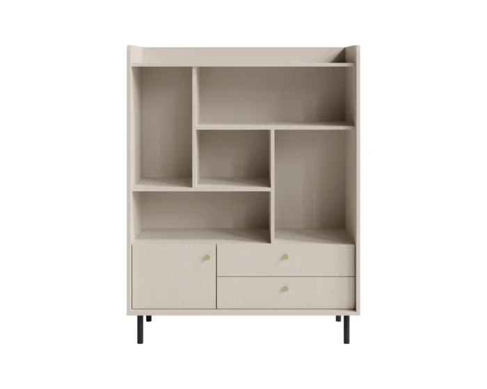 Stilvolles Bücherregal in Beige mit asymmetrischen Fächern und schwarzen Standfüßen.