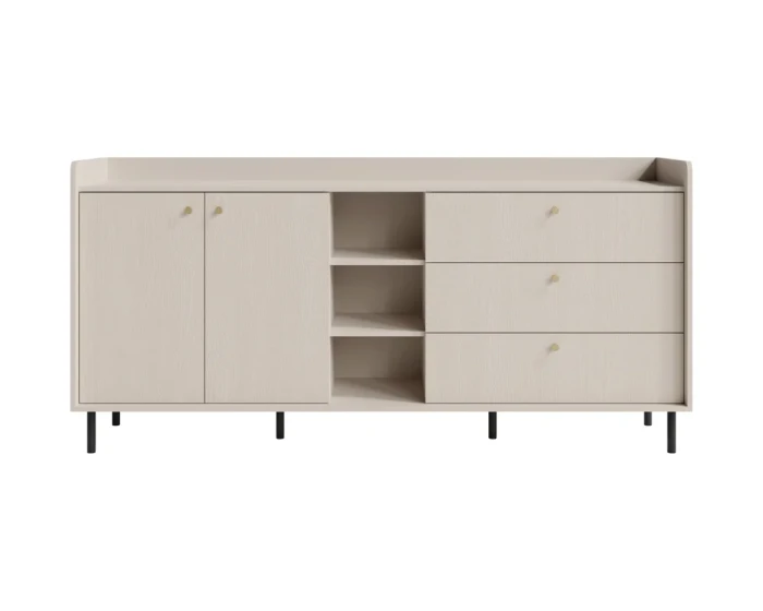 Großes hellbeiges Sideboard Georgia mit Schubladen, Türen und schwarzen Füßen.