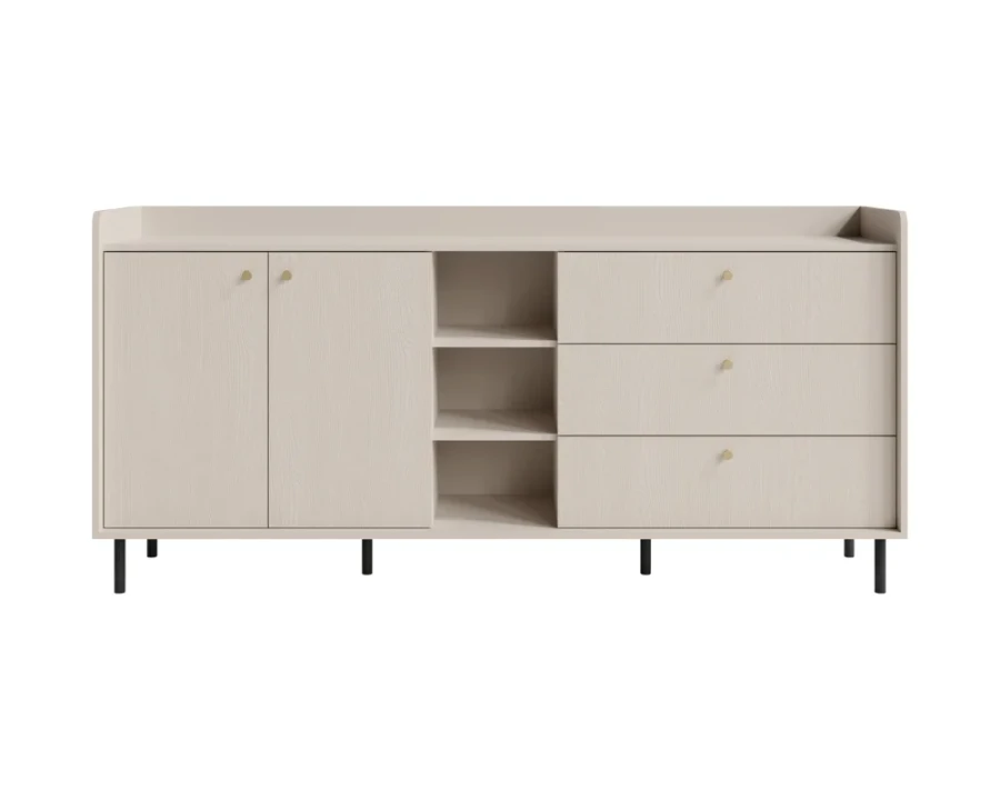 Großes hellbeiges Sideboard Georgia mit Schubladen, Türen und schwarzen Füßen.