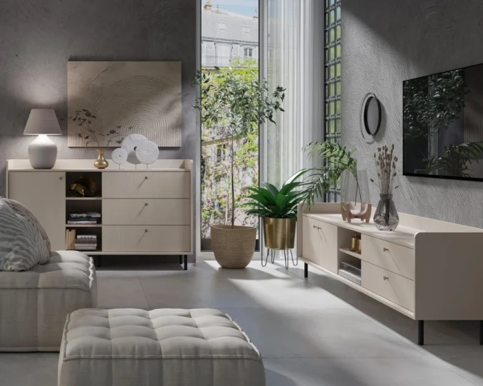 Modernes Wohnzimmer-Set Georgia mit hellem Sideboard und Lowboard