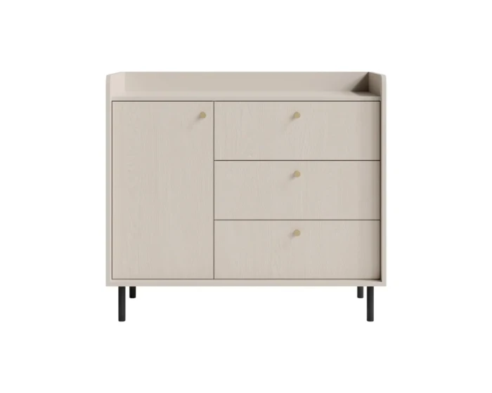 Modernes Sideboard in hellem Beige mit drei Schubladen, einer Tür und schwarzen Metallfüßen.