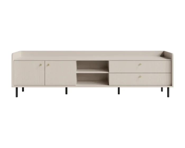 Wide TV unit in sand beige with golden handles and black legs, model G-07.