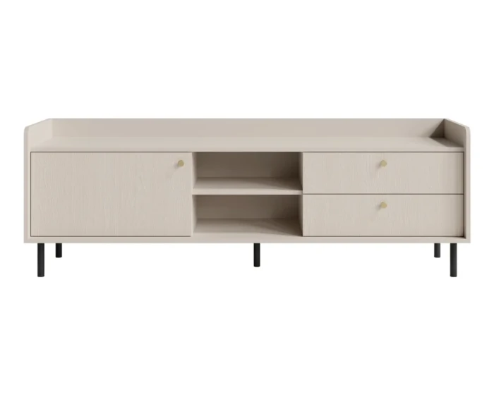 Modern lowboard in beige met houtlook en zwarte metalen poten.