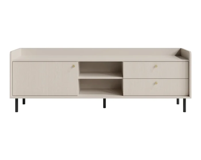 Modernes Lowboard in Beige mit Holzoptik und schwarzen Metallfüßen.