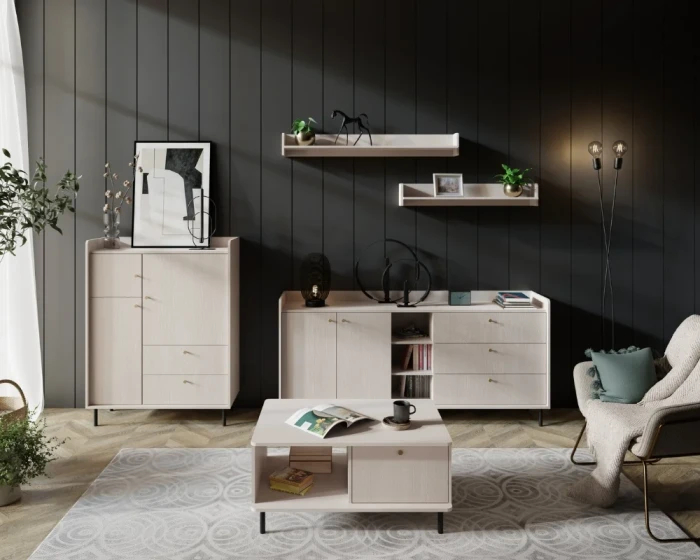 Komplette Georgia Möbel-Kollektion für das Wohnzimmer mit stilvollen Schränken und Regalen.