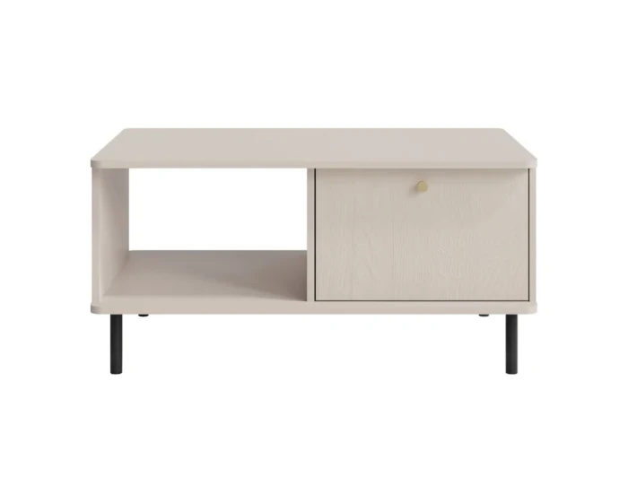 Moderner Couchtisch in Hellbeige mit schwarzen Beinen und einem goldenen Möbelknopf.