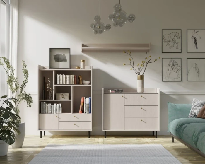 Wohnzimmer-Set der Georgia Serie mit Sideboard und Regal in hellem, freundlichem Design.
