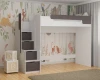 Weiß-graues Kinderhochbett mit praktischer Treppe und Schubladen in einem Dschungel-Themenzimmer.