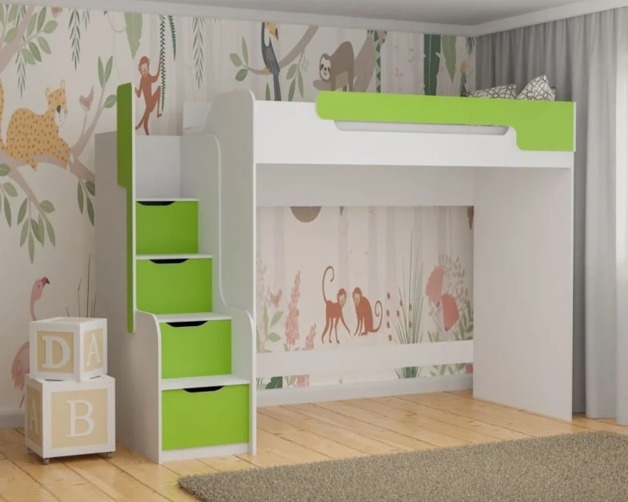 Modernes Hochbett für Kinder in Weiß und Grün mit integrierten Schubladen-Treppen für Ordnung.