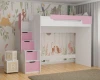 Platzsparendes Kinder-Hochbett in Weiß und Rosa mit Treppenstufen-Schränken für das Mädchenzimmer.