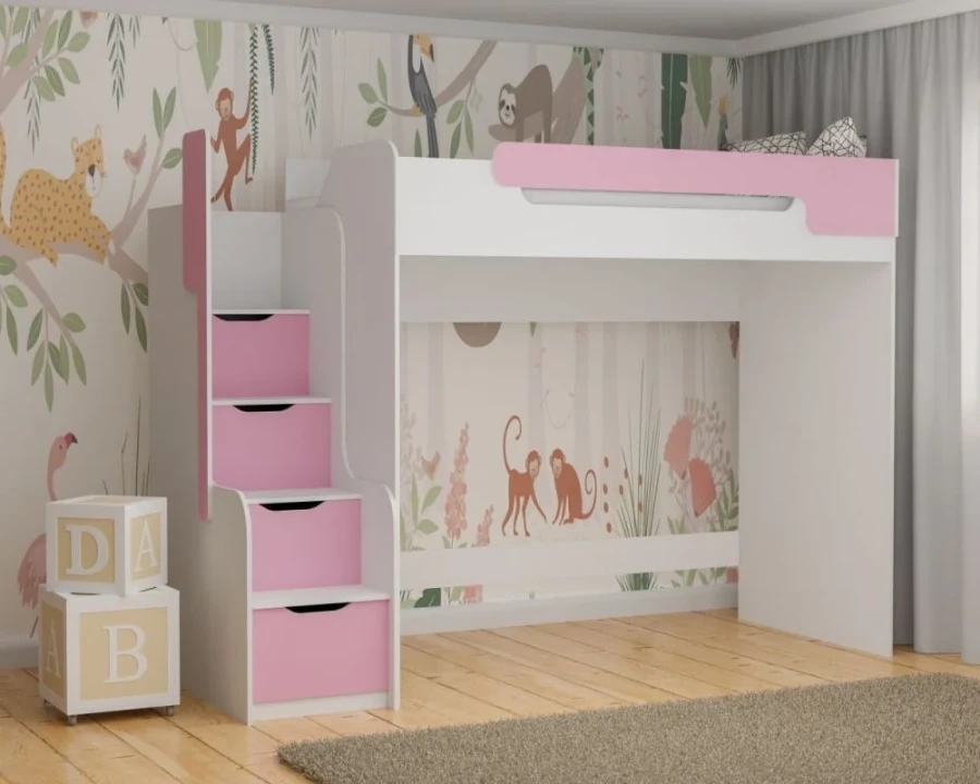Platzsparendes Kinder-Hochbett in Weiß und Rosa mit Treppenstufen-Schränken für das Mädchenzimmer.