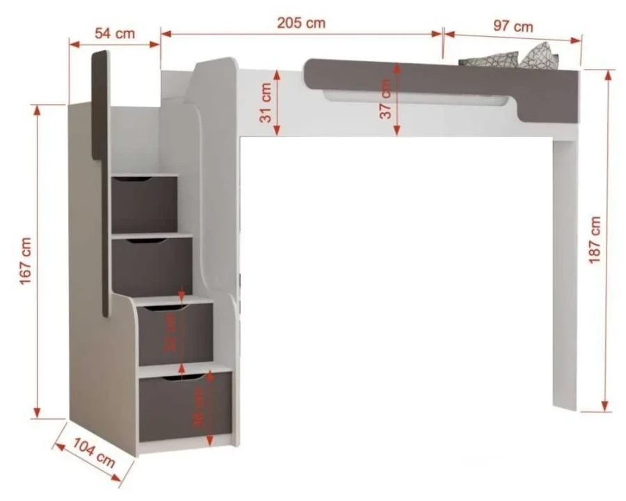 Detaillierte Maßangaben für das Kinderhochbett mit Treppe und Stauraum in Zentimetern.