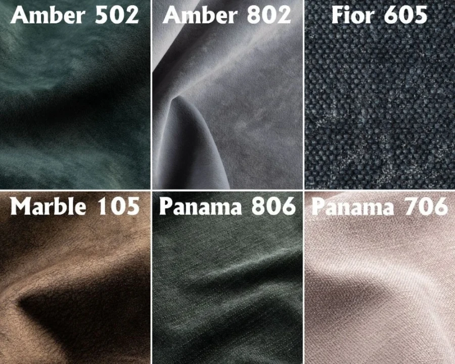 Stoffmuster-Übersicht für Polstermöbel: Samt und Webstoffe in verschiedenen Farben wie Grün, Grau und Beige.
