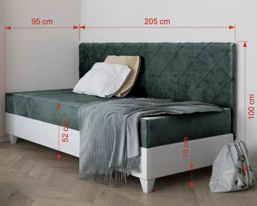 Dunkelgrünes Polsterbett mit Maßen: 205 cm Breite und 100 cm Höhe für eine passgenaue Einrichtung.