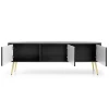 Schwarzes TV-Board mit goldenen Beinen und geöffneten Türen zeigt Innenfächer.