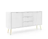 Weißes Sideboard mit drei Schubladen, geriffelter Front und eleganten goldenen Beinen.