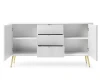 Offenes weißes Sideboard mit viel Stauraum, Einlegeböden und ausgezogenen Schubladen.