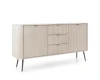 Elegantes beiges Sideboard in Schrägansicht mit strukturierter Oberfläche und schwarzen Beinen.