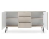 Beiges Sideboard mit geöffneten Schubladen und Türen sowie schwarzen Metallfüßen.
