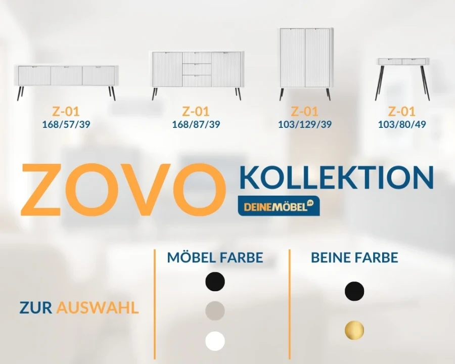 ZOVO Kollektion Übersicht: Verschiedene Möbelmodelle und Konfigurationsmöglichkeiten für Farben und Beine.