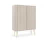 Elegantes Highboard in Sandbeige mit vertikalen Rillen und goldenen Füßen.