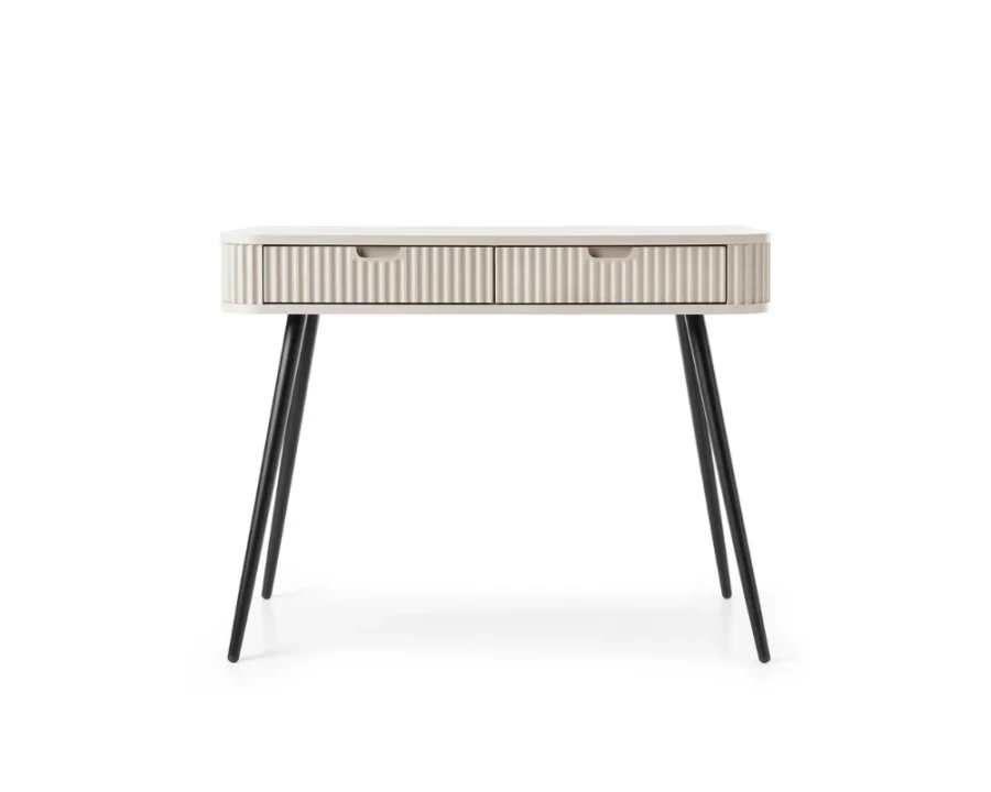 Moderner Konsolentisch in Beige mit schwarzen Beinen und geschlossenen Schubladen im Riffeldesign.