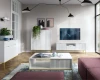 Modernes Wohnzimmerset in Weiß mit goldenen Akzenten: TV-Board, Couchtisch und Highboard.