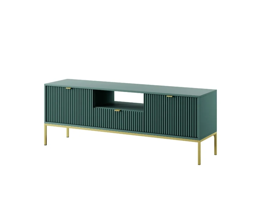 Modernes grünes TV-Lowboard mit Rillenoptik und schicken goldenen Akzentfüßen.